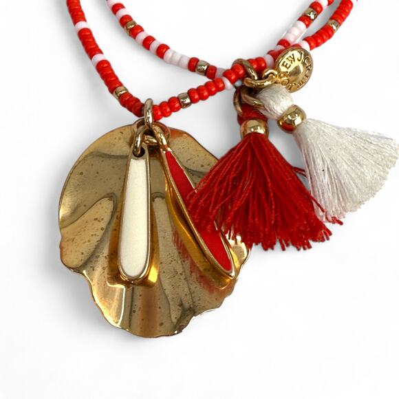 J Crew Beaded Stretch Bracelet Red and White Gold Tone Leaf Charm - Picture 2 of 6